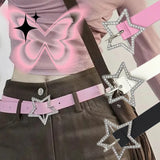 DAIIIBABYYY  -  Y2K Star Buckle Belt Pink Leather Elastic Binding Embellished Waistband Sparkling Rhinestone Retro Bride Decoration Accessories