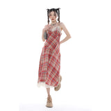 DAIIIBABYYY  -  Women's Wear Strap Dress Lace Plaid Chic Slim Skirt Sexy Backless Summer French Vintage Sleeveless Suspender Mid-length Skirt