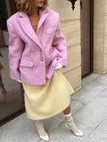 DAIIIBABYYY  -  Women's Elegant Pink Lapel Pockets Woolen Blazer Coat Fashion Single-breasted Loose Long Sleeve Coats Lady Sweet Outerwear