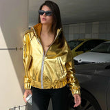 DAIIIBABYYY  -  Fashion Women Shiny Gold Silver PU Leather Jacket Lapel Zipper Pockets Loose Metallic Color Jackets Hiphop Punk Lady Outcoats