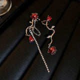 DAIIIBABYYY  -  Vintage Asymmetric Zircon Rose Dangle Earrings for Women Long Tassels Luxury Rhinestones Romantic Y2K Accessories Fine Jewelry