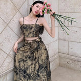 DAIIIBABYYY  -  Ink Wash Printed Suspender Half Skirt Set For Women With Retro Design Vest Paired With A-Line Large Hem Long Skirt Two-Piece Set