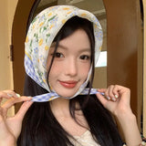 Daiiibabyyy Korean Thin Idyllic Flower Headscarf Women Spring and Summer New Versatile Literary and Retro Decorative Square Hair Scarf