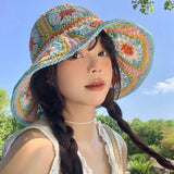 DAIIIBABYY  -  Dopamine Contrasting Color Flower Straw Cap for Women Summer Seaside Vacation Sunscreen Fashion Big Brim Hollow Woven Bucket Hat