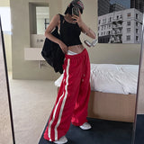 DAIIIBABYYY  -  American Contrasting Vintage Drawstring Sweatpants Fashion Straps Straight Wide Leg Pants Baggy Mopping Trouser Ladies Summer