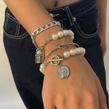 Daiiibabyyy Boho Multiple Layers Bracelets For Women Vintage Human Head Coin Lock Big Artificial Pearl Fashion Bracelet Set Jewelry