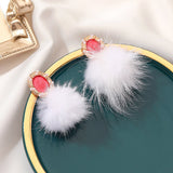 Autumn Winter Sweet Plush Ball Stud Earring for Women Jewelry Multicolor Pearls Female Personality Simple Pink Plush Fur Earing daiiibabyyy