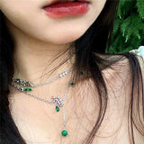 FFLACELL New Fashion Luxury Double Layer Wearing BlingBling Inlaid Green Zircon Necklace Female Creative All-match Party Jewelry daiiibabyyy