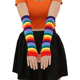 Elbow Length Fingerless Gloves Rainbow Arm Sleeve Warmer Rainbow Striped Knitted Sunscreen Halloween Costume Fingerless Mittens daiiibabyyy