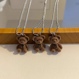 Daiiibabyyy Cute Brown Flocking Bear Pendant Necklaces Women Girls Lovely Bears Charm Pendant Sweater Chain Necklace Jewelry Gift