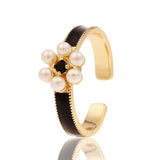 European and American Style Jewelry Copper Drop Oil Flower Ring Temperament Pearl Ring Personality Geometric Jewelry Lover Gift daiiibabyyy