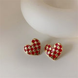 FFLACELLNew Vintage Oil Drip Enamel Checkerboard Love-heart Earrings For Women Girls Fashion Temperament All-match Party Jewelry daiiibabyyy