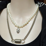 Hip hop Chic Imitation Pearl Double Layer Chain Punk Geometric Skull Pin Pendant Necklaces Party Jewelry For Women Girl Necklace daiiibabyyy