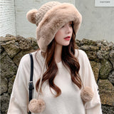 Winter Hat Women Soft Fleece Fur Russian Hat Female Knitted Hat Ladies Cute Pompom Snow Ski Trapper Earflap Cap Keep Warm Bonnet daiiibabyyy