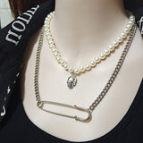 Hip hop Chic Imitation Pearl Double Layer Chain Punk Geometric Skull Pin Pendant Necklaces Party Jewelry For Women Girl Necklace daiiibabyyy