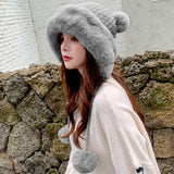 Winter Hat Women Soft Fleece Fur Russian Hat Female Knitted Hat Ladies Cute Pompom Snow Ski Trapper Earflap Cap Keep Warm Bonnet daiiibabyyy