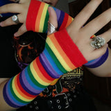 Elbow Length Fingerless Gloves Rainbow Arm Sleeve Warmer Rainbow Striped Knitted Sunscreen Halloween Costume Fingerless Mittens daiiibabyyy