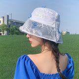 Waterproof Panama Hat Cap Fishing Sun Hat Lady Beach Wide Brim Bucket Hat Net yarn is light and breathable Embroidery butterfly daiiibabyyy