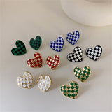 FFLACELLNew Vintage Oil Drip Enamel Checkerboard Love-heart Earrings For Women Girls Fashion Temperament All-match Party Jewelry daiiibabyyy