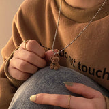 Daiiibabyyy Cute Brown Flocking Bear Pendant Necklaces Women Girls Lovely Bears Charm Pendant Sweater Chain Necklace Jewelry Gift