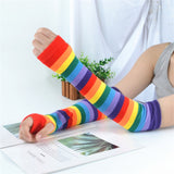 Elbow Length Fingerless Gloves Rainbow Arm Sleeve Warmer Rainbow Striped Knitted Sunscreen Halloween Costume Fingerless Mittens daiiibabyyy