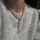 Daiiibabyyy Statement Grey Pearl Necklace For Women Personality Multi Function Long Chain Necklaces