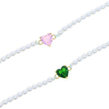 Daiiibabyyy Gold Plated White Fresh Sea Pearl Beaded Pink Green Heart Shaped CZ Choker Necklace For Women