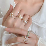 Daiiibabyyy Korean Fashion Cute Shell Zircon Butterfly Adjustable Rings For Women Elegant Pearl Finger Knuckle Rings Aesthetic Jewelry