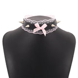 Daiiibabyyy Sexy Y2K Accessories Pink Lace Necklaces for Women Egirl Goth Punk Bowknot Rivets Necklace Cosplay Party Chokers 90s Aesthetic