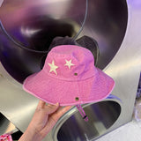 Daiiibabyyy 2023 Sewing Star Wash Rose Pink Camping Hat Women Spring Summer New Internet Ins Age-reducing Sweet Cool Mountain Bucket Cap