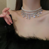 Daiiibabyyy Delicate Fairy Sparkling Crystal Water Drop Tassel Necklaces Elegant Zircon Pearl Double Layer Chains Choker for Women Jewelry