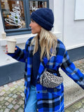 Blue Plaid Long Overcoat For Women Full Sleeve Single Breasted Cotton Pocket Coats Jacket Winter Fashion Female Outerwear