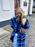 Blue Plaid Long Overcoat For Women Full Sleeve Single Breasted Cotton Pocket Coats Jacket Winter Fashion Female Outerwear