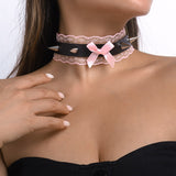 Daiiibabyyy Sexy Y2K Accessories Pink Lace Necklaces for Women Egirl Goth Punk Bowknot Rivets Necklace Cosplay Party Chokers 90s Aesthetic