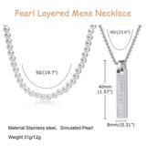 Daiiibabyyy Men Stainless Steel Roman Numerals Bar and Simulated Pearl Chain Stacking Necklaces,Stylish Geometric Collar Gift to Him