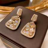 Daiiibabyyy Statement Fashion Geometric Druze Crystal Pearl Stones Drop Earrings For Women