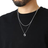 Daiiibabyyy Layered Black Square Necklaces for Men Jewelry, Geometric Pendant,Stainless Steel Cuban Figaro Wheat Box Chain,Casual Collar