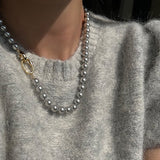 Daiiibabyyy Statement Grey Pearl Necklace For Women Personality Multi Function Long Chain Necklaces