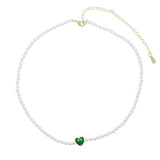 Daiiibabyyy Gold Plated White Fresh Sea Pearl Beaded Pink Green Heart Shaped CZ Choker Necklace For Women