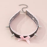 Daiiibabyyy Sexy Y2K Accessories Pink Lace Necklaces for Women Egirl Goth Punk Bowknot Rivets Necklace Cosplay Party Chokers 90s Aesthetic