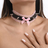 Daiiibabyyy Sexy Y2K Accessories Pink Lace Necklaces for Women Egirl Goth Punk Bowknot Rivets Necklace Cosplay Party Chokers 90s Aesthetic