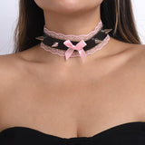 Daiiibabyyy Sexy Y2K Accessories Pink Lace Necklaces for Women Egirl Goth Punk Bowknot Rivets Necklace Cosplay Party Chokers 90s Aesthetic