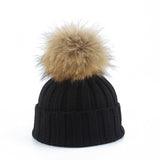 Big Fur Pom pom Beanie Hats Kids Girls Boys Warm Knitted Winter Hat Baby Real Raccoon Fur pompom Beanies Cap daiiibabyyy