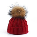 Big Fur Pom pom Beanie Hats Kids Girls Boys Warm Knitted Winter Hat Baby Real Raccoon Fur pompom Beanies Cap daiiibabyyy