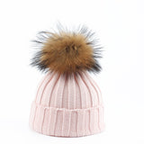 Big Fur Pom pom Beanie Hats Kids Girls Boys Warm Knitted Winter Hat Baby Real Raccoon Fur pompom Beanies Cap daiiibabyyy