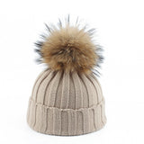 Big Fur Pom pom Beanie Hats Kids Girls Boys Warm Knitted Winter Hat Baby Real Raccoon Fur pompom Beanies Cap daiiibabyyy