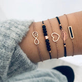 6 pcs/set Love Heart Infinity Symbol Charm Bracelets for Woman Gold Link Chain Bracelets Hollow Feather Black Beads Braclet Girl daiiibabyyy