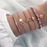 6 pcs/set Love Heart Infinity Symbol Charm Bracelets for Woman Gold Link Chain Bracelets Hollow Feather Black Beads Braclet Girl daiiibabyyy