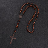 KOMi Christ Jesus Wooden Beads 8mm Rosary Bead Cross Pendant Woven Rope Chain Necklace Religious Orthodox Praying  Jewelry R-192 daiiibabyyy