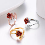 Women Ring Red Rose Garden Flower Leaves Open Ring Resizable Finger Rings For Women Valentine's Day Gift Jewelry daiiibabyyy